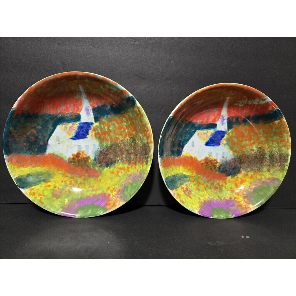 SET of 2 222 Fifth Impressions Gail Wells Hess‎ 9" Stowe Vermont Hand Painted